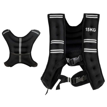 15kg weighted vest with adjustable buckles, made of neoprene, featuring reflective strips for safety during workouts.
